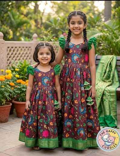 Girls' Enchanting Earthy Floral & Green Ruffled Frock