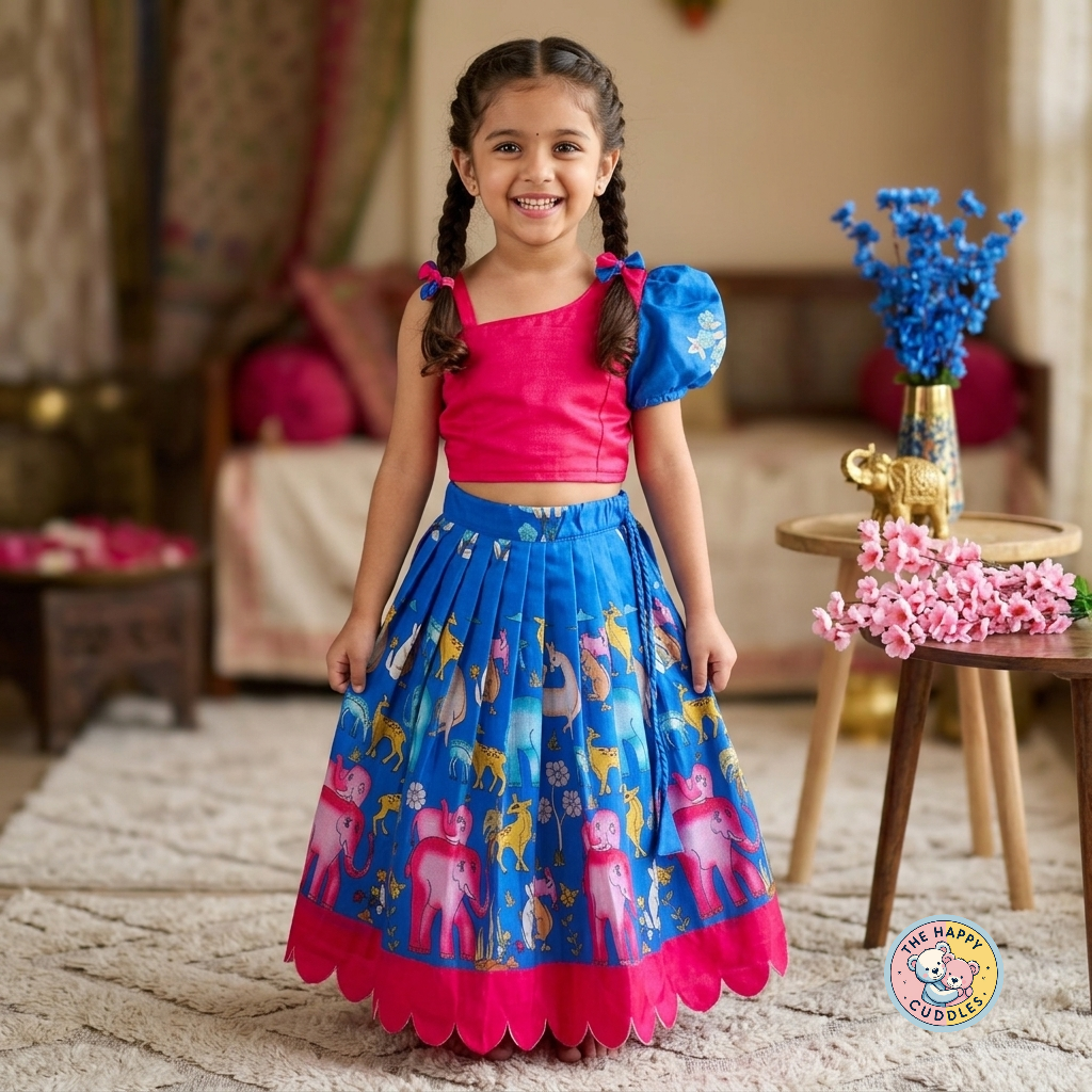 Girls Pink Sapphire, Blue Animal Print Lehenga