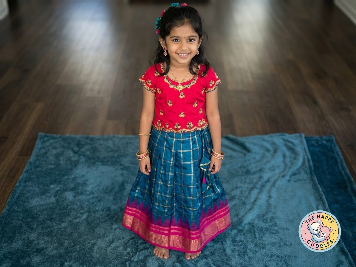 Girls Traditional Royal Pink & Blue Pattu Pavada