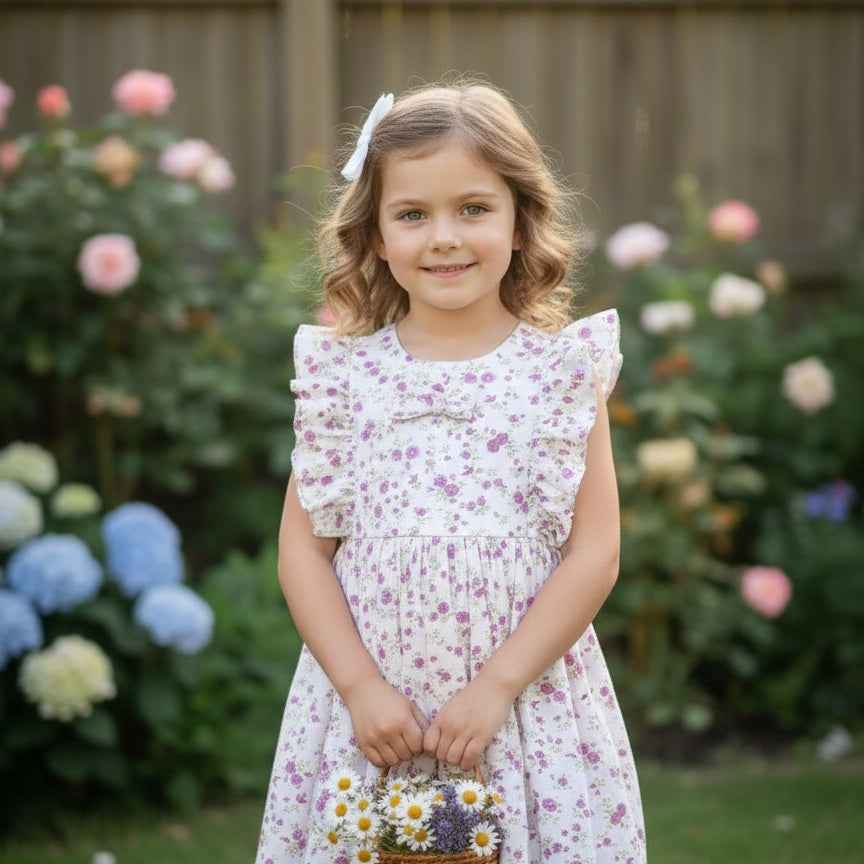 Meadow Flutter-Sleeve Cotton Dress (White & Pink)