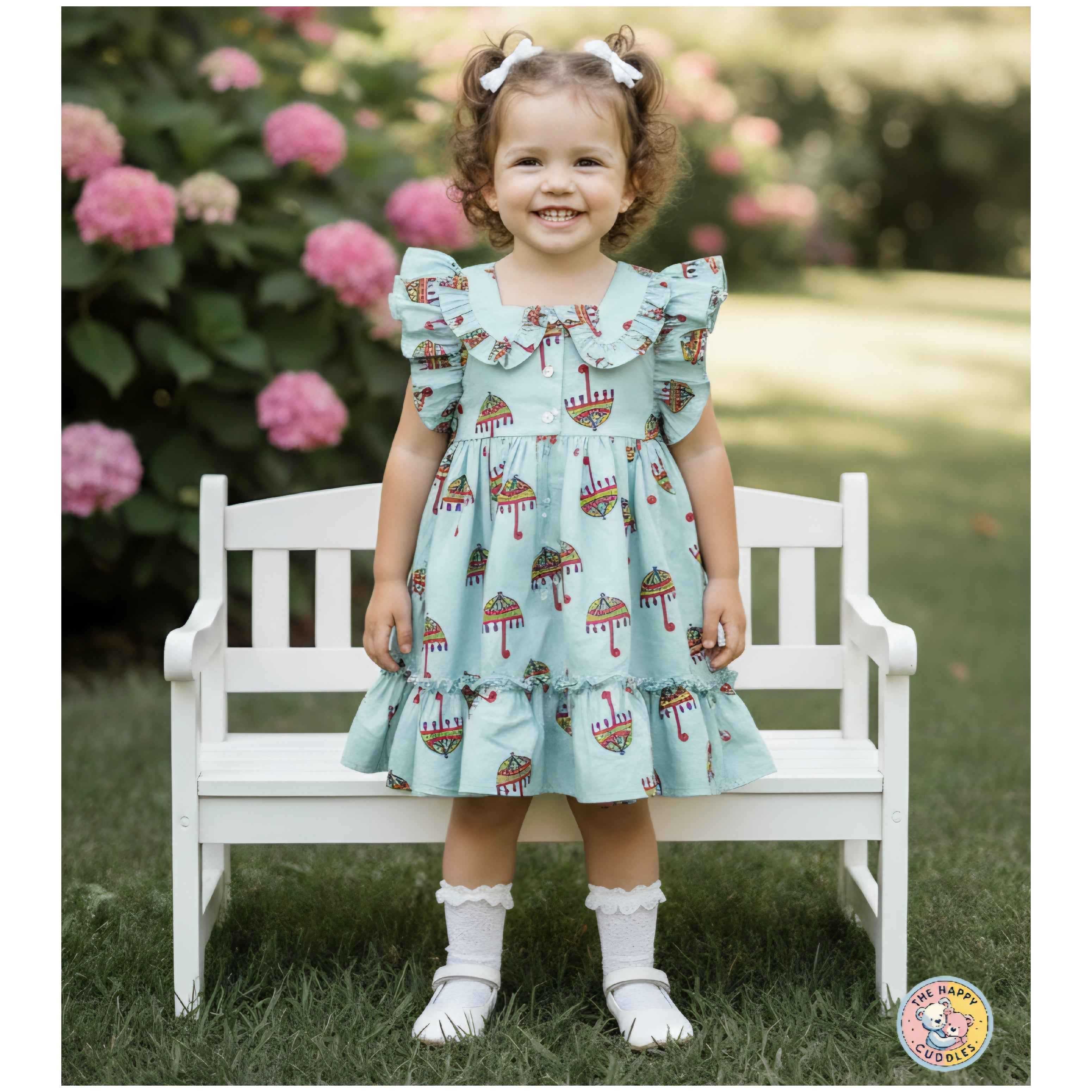 Light Blue Floral Flutter-Sleeve Dress