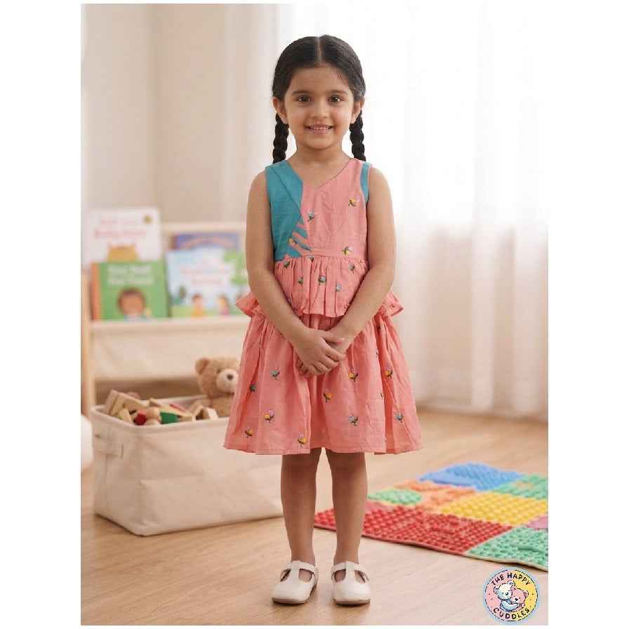 Vibrant Coral-Peach Color Chanderi Frock