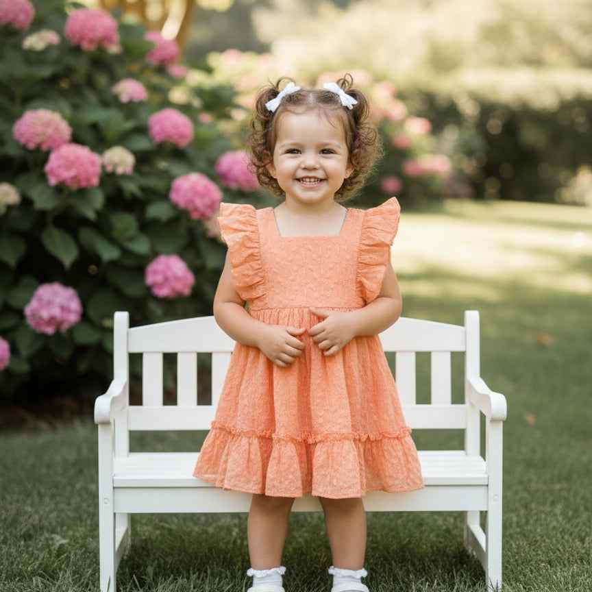 Peach Self-Thread Embroidered Tiered Ruffle Dress