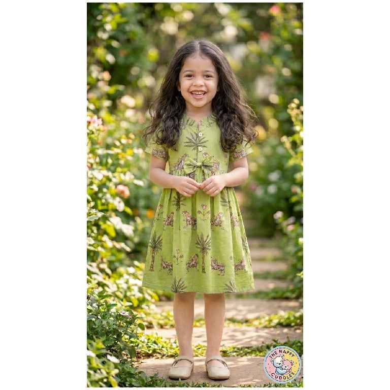 Girls Green Jungle Animal Print Frock