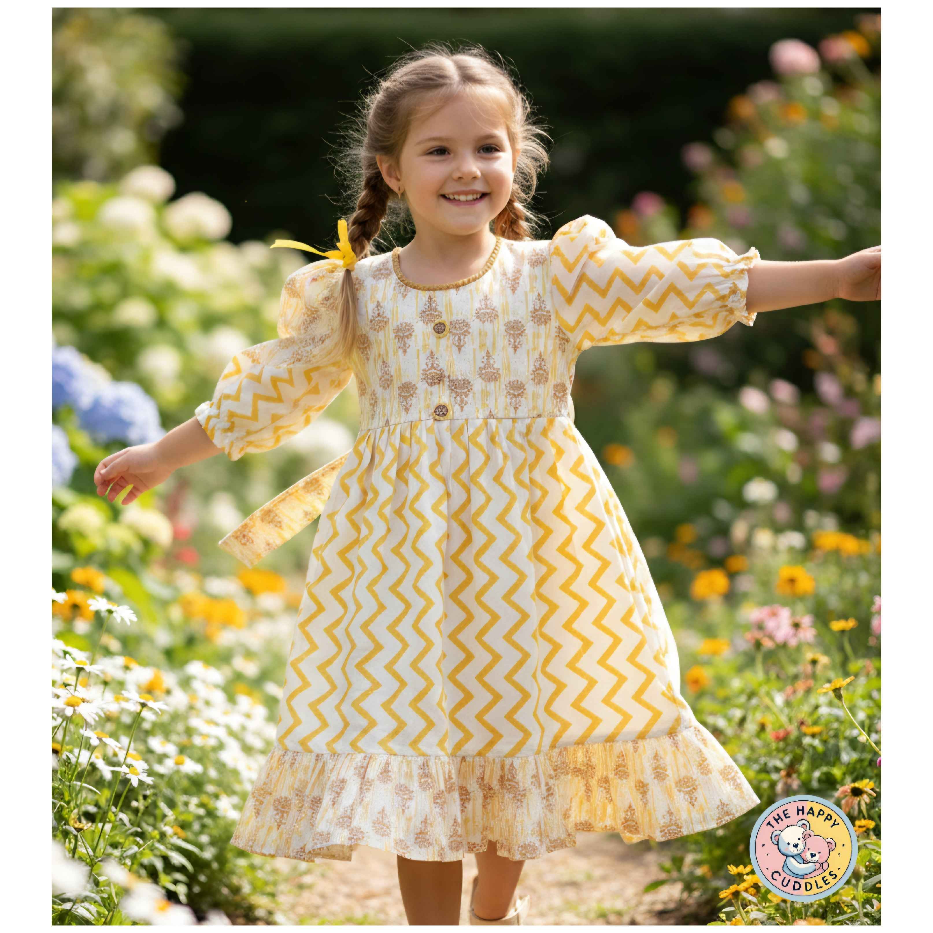 Trendy puff sleeves (3/4) with ruffled cuffs.