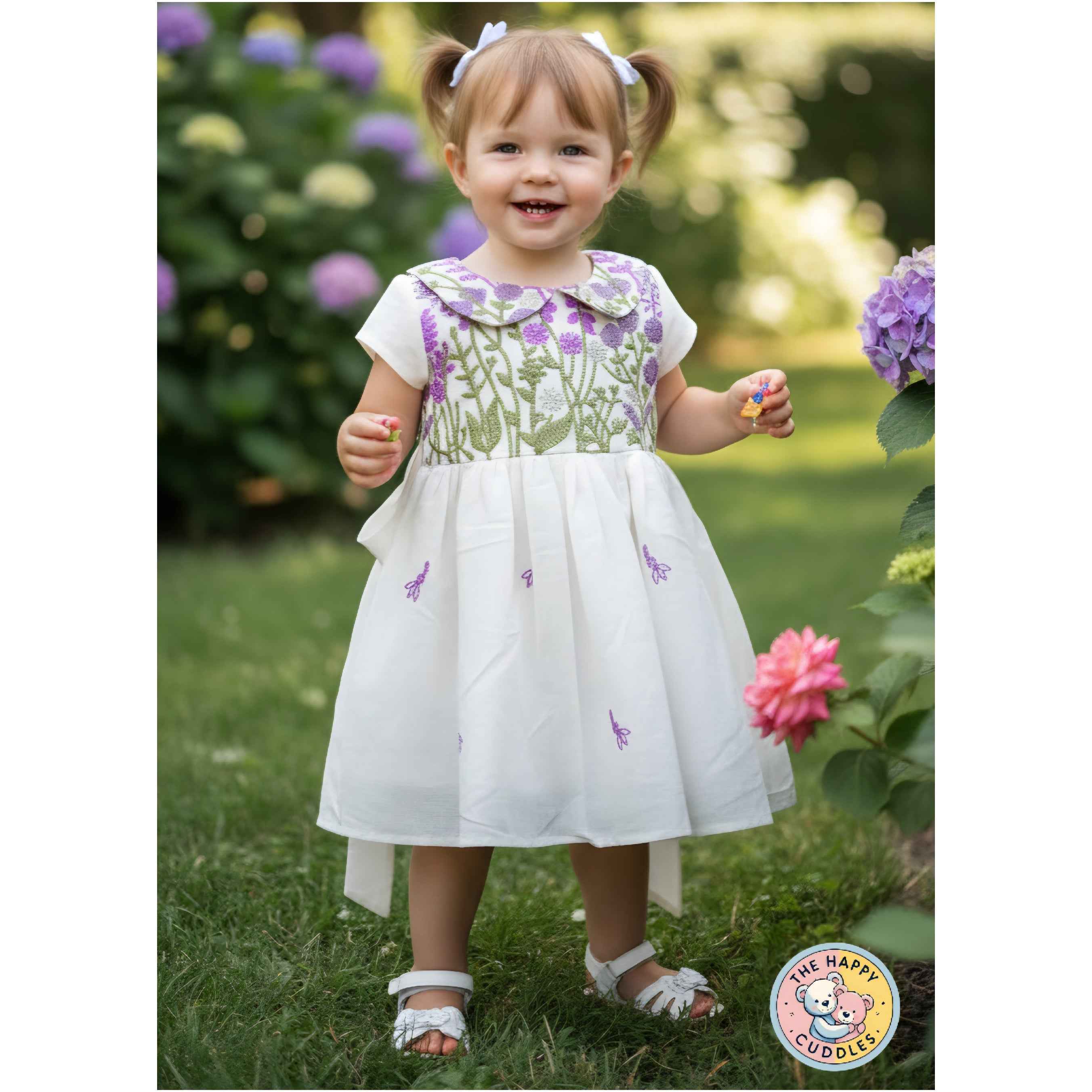 White Cotton Dress with Purple Floral Yoke