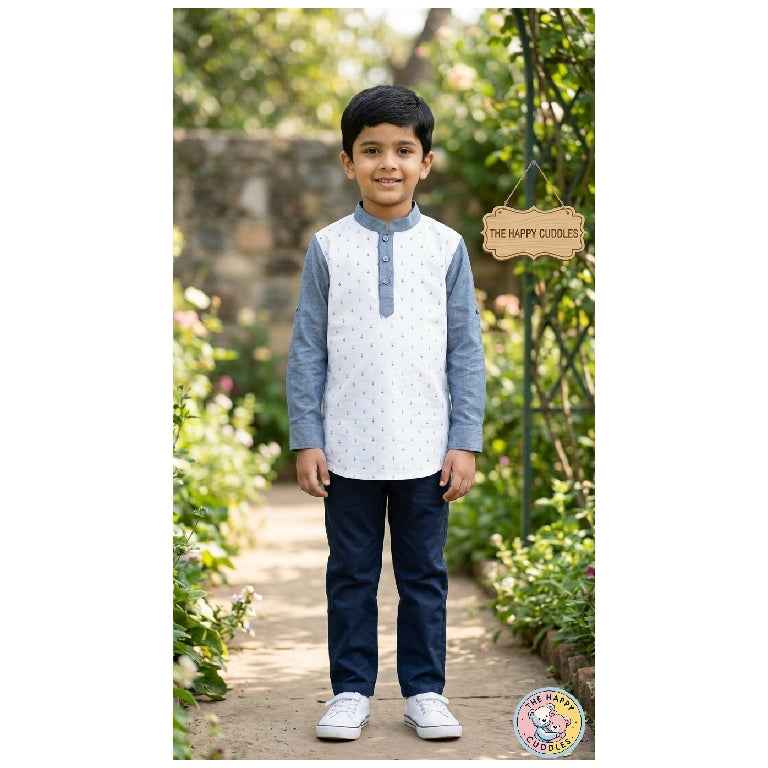 Boys White & Blue Mandarin Collar Top