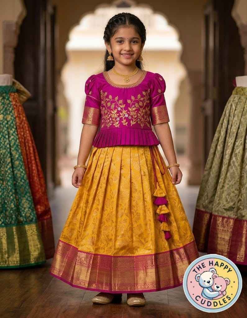 Yellow and Pink Pattu Lehenga Set