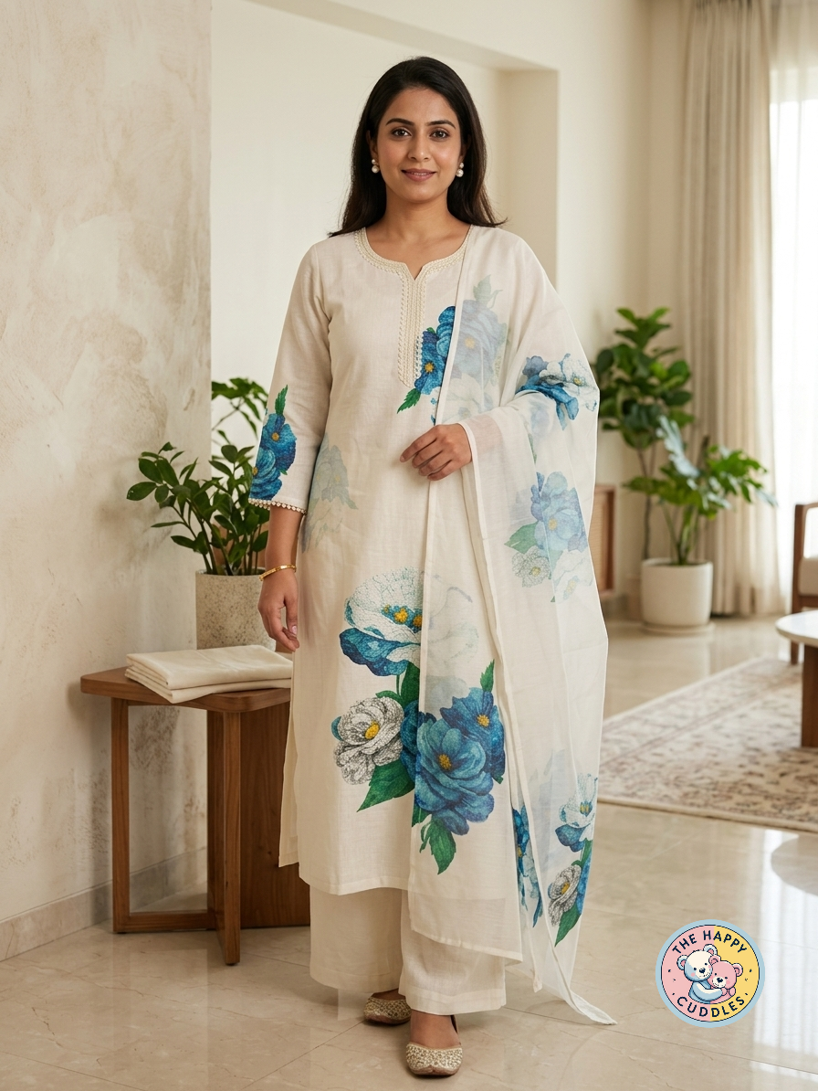 Elegant Floral Linen Cotton Three-Piece Suit Set