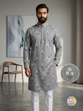 Olive green linen cotton embroidery men kurtha set
