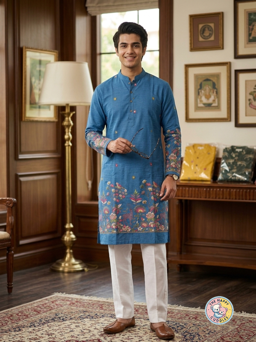 Mul Chanderi Blue Men kurtha Set