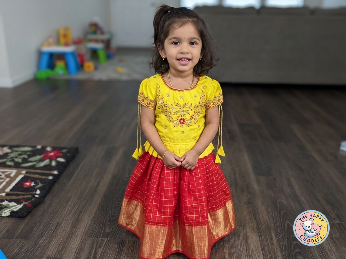 Girls Yellow & Crimson Red Festive Lehenga Set