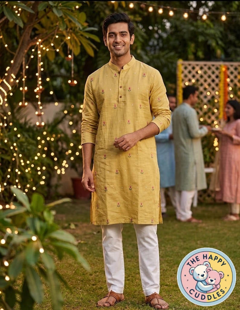 Yellow Floral Embroidered  linen Cotton Kurta Set