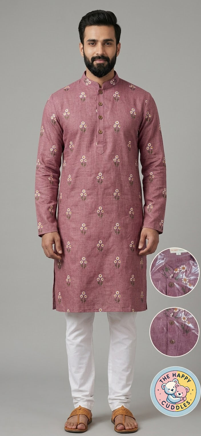 Dusty rose Linen Cotton embroidery kurtha set