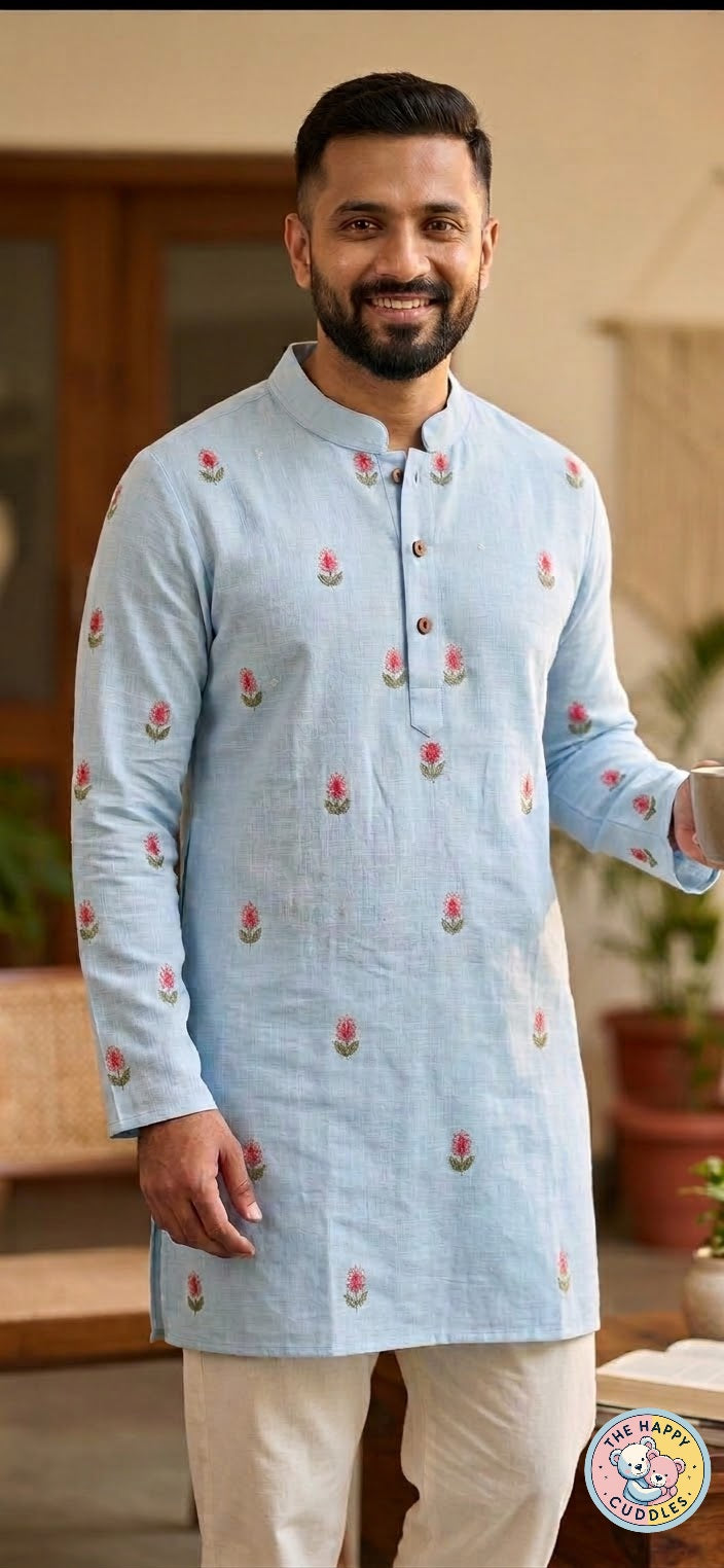 Linen Blue Cotton Embroidery Men Kurtha Set