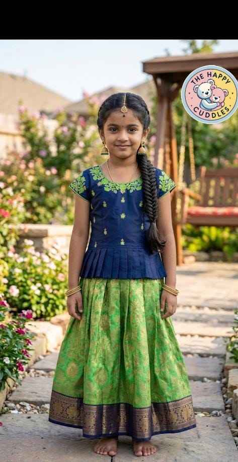 Girls' Traditional Royal Blue, Green Pattu Lehenga Set
