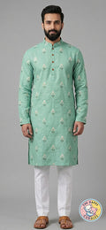 Muted mint green linen cotton embroidery men kurtha set