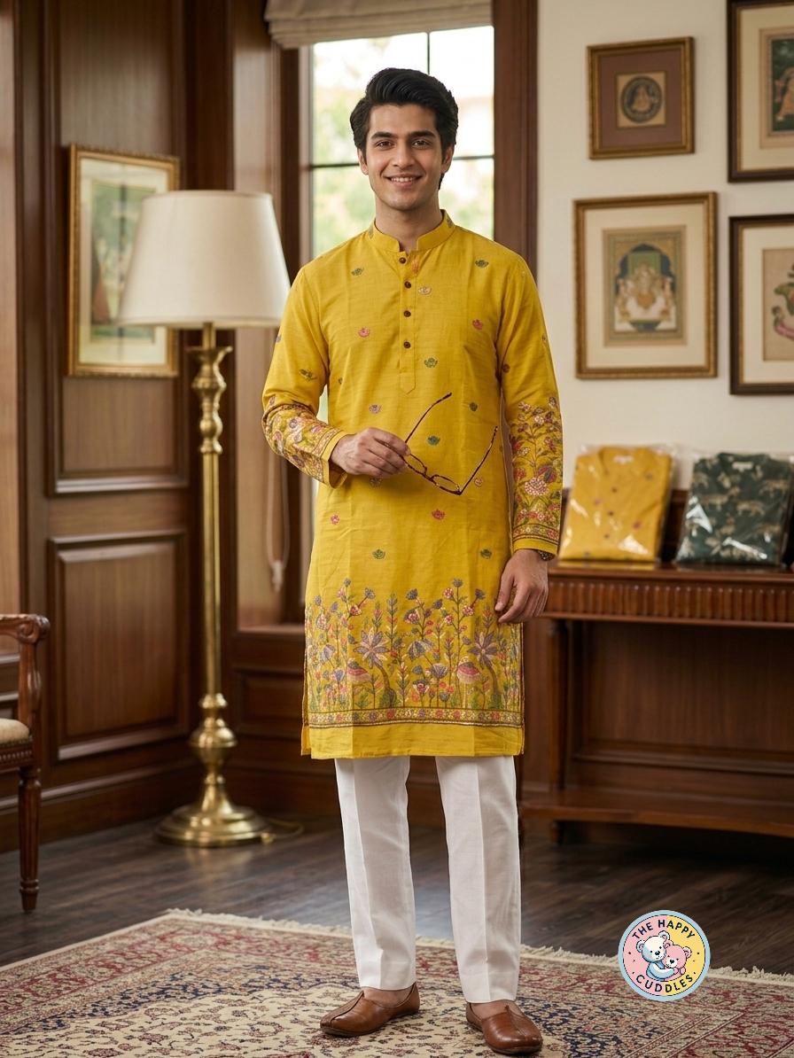 Mul Chanderi Yellow kurtha set