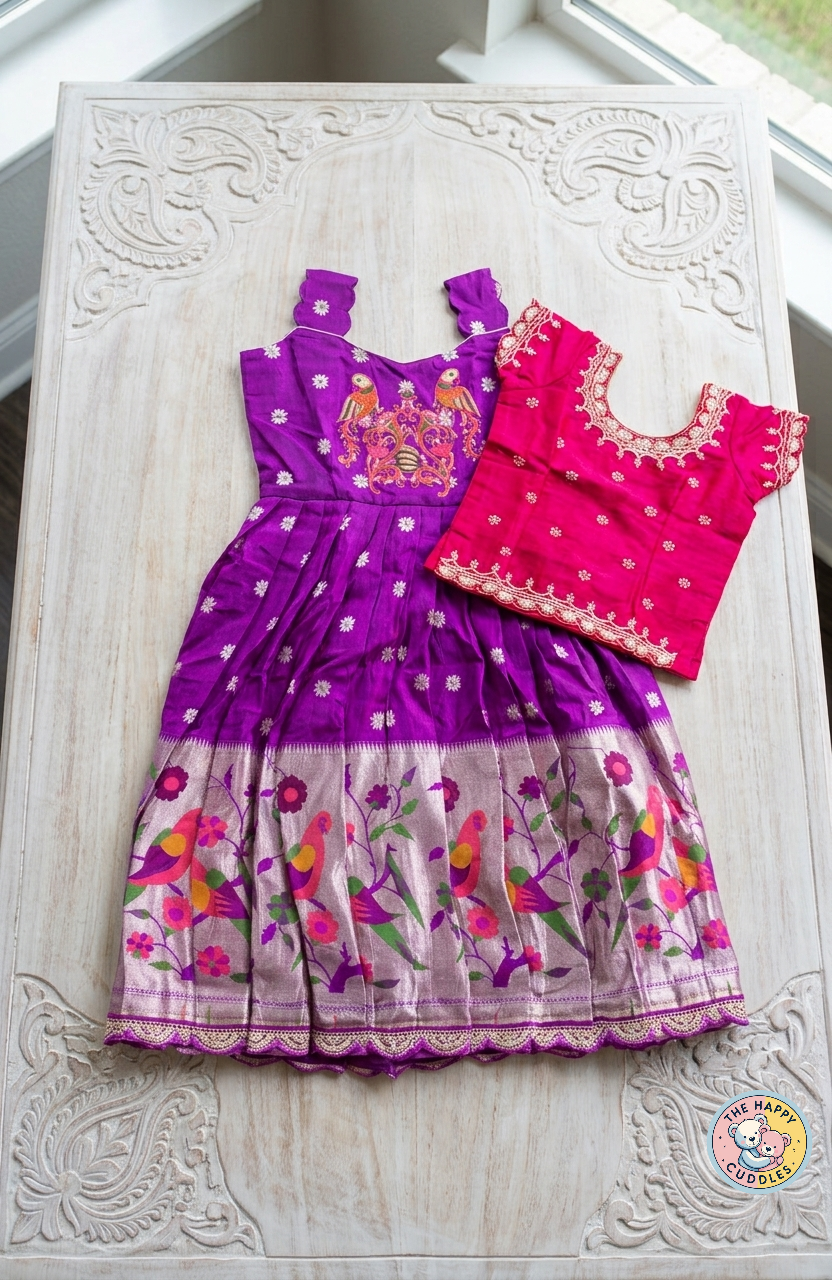 Girls Premium 2-in-1 Royal Purple,Floral Heritage Pattu Lehenga Set