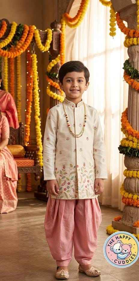 Boys' Premium Cream & Blush Pink Festive Kurta Dhoti Set