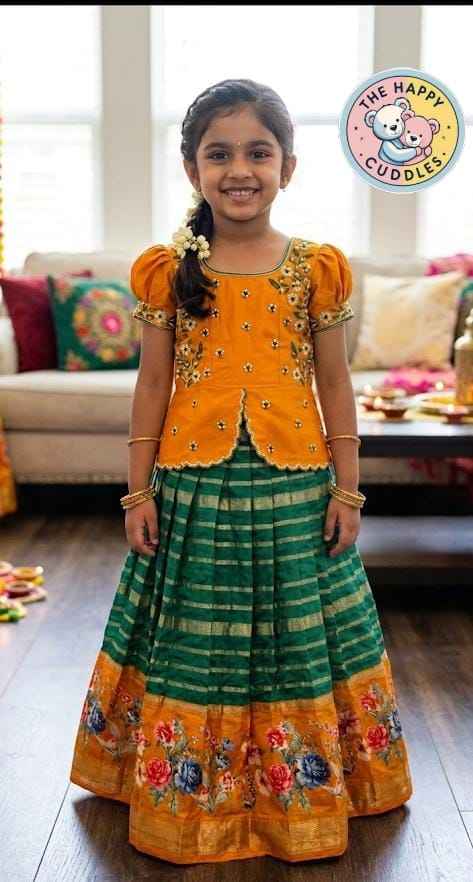 Girls Festive  Orange, Emerald Green Lehenga