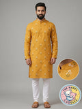 Yellow linen Cotton embroidery men kurtha set