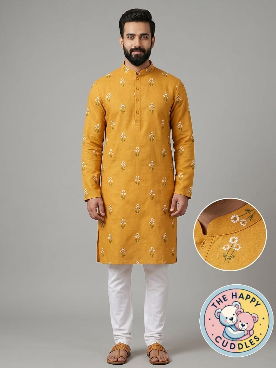 Yellow linen Cotton embroidery men kurtha set