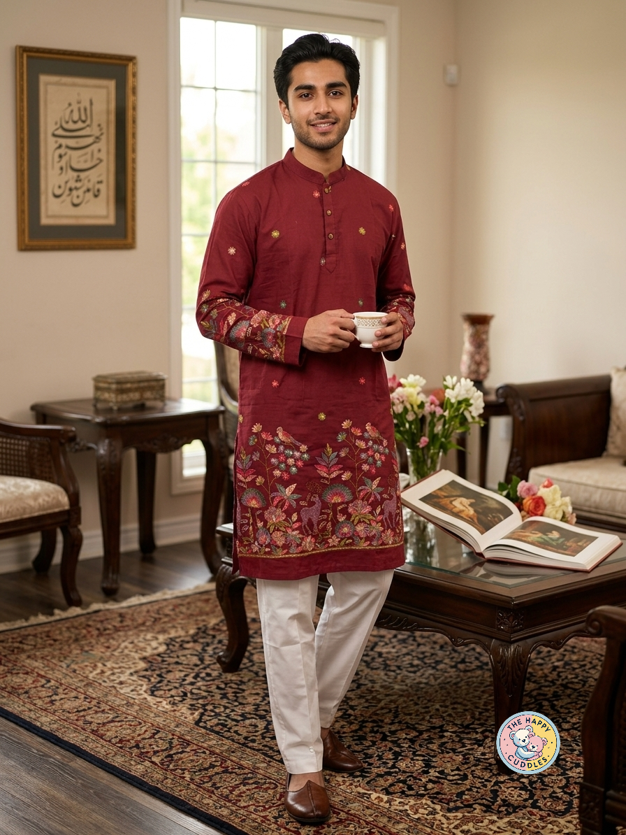 Floral Men's  Kurtha Set - Maroon