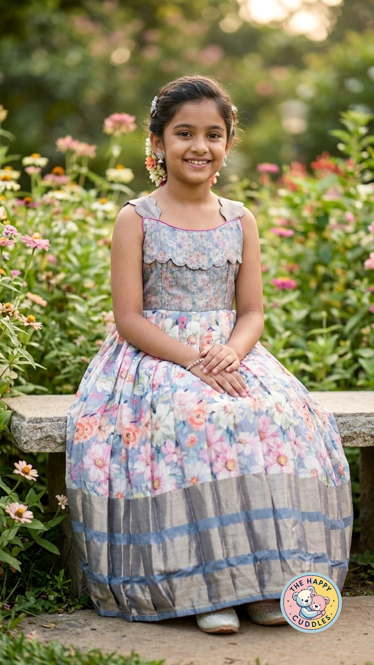 Girls' Elegant Floral ,Striped Heritage Frock