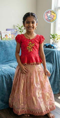 Girls Traditional Crimson Red Peplum, Blush Pink Pattu Lehenga