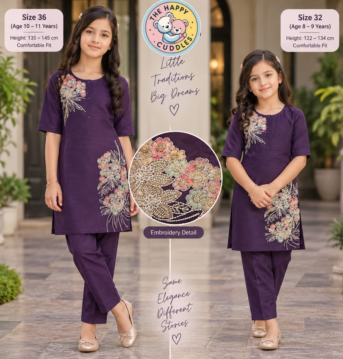 Two young girls modeling matching purple traditional outfits with floral embroidery, shown side by side in an outdoor walkway. The image includes size callouts for Size 36 and Size 32, a circular logo for 'The Happy Cuddles', and a detail inset of the embroidered pattern.