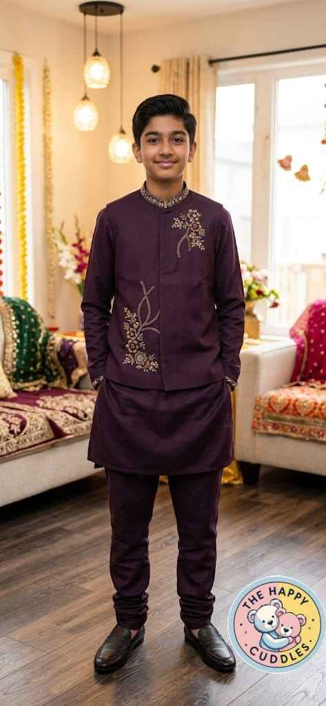 Boys' Regal Plum & Gold Embroidered 3-Piece Kurta Set