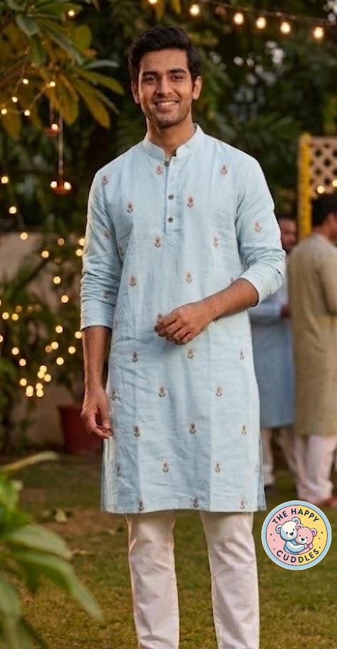 Sky blue Floral Embroidered Linen Cotton Kurta Set
