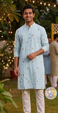 Sky blue Floral Embroidered Linen Cotton Kurta Set