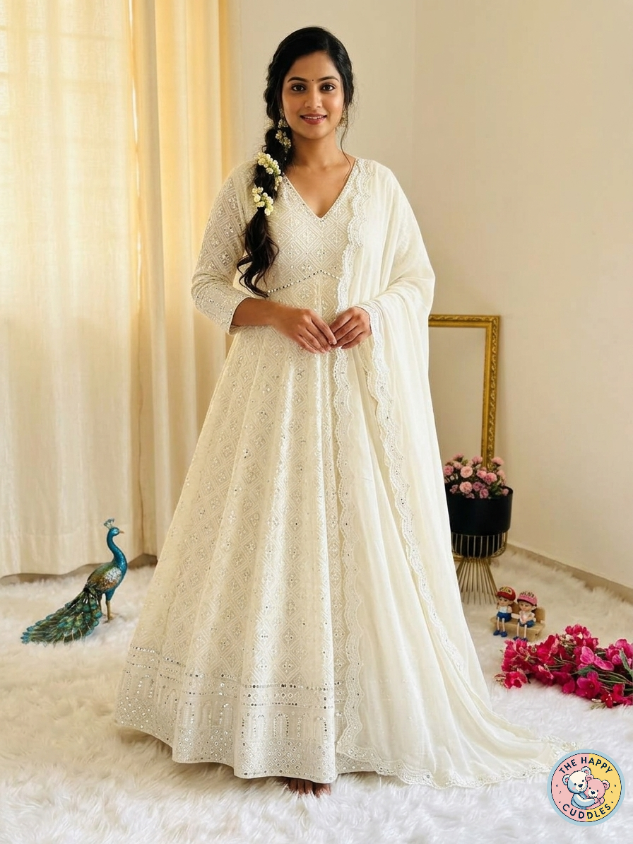 Elegant Embroidered White Anarkali Gown Set