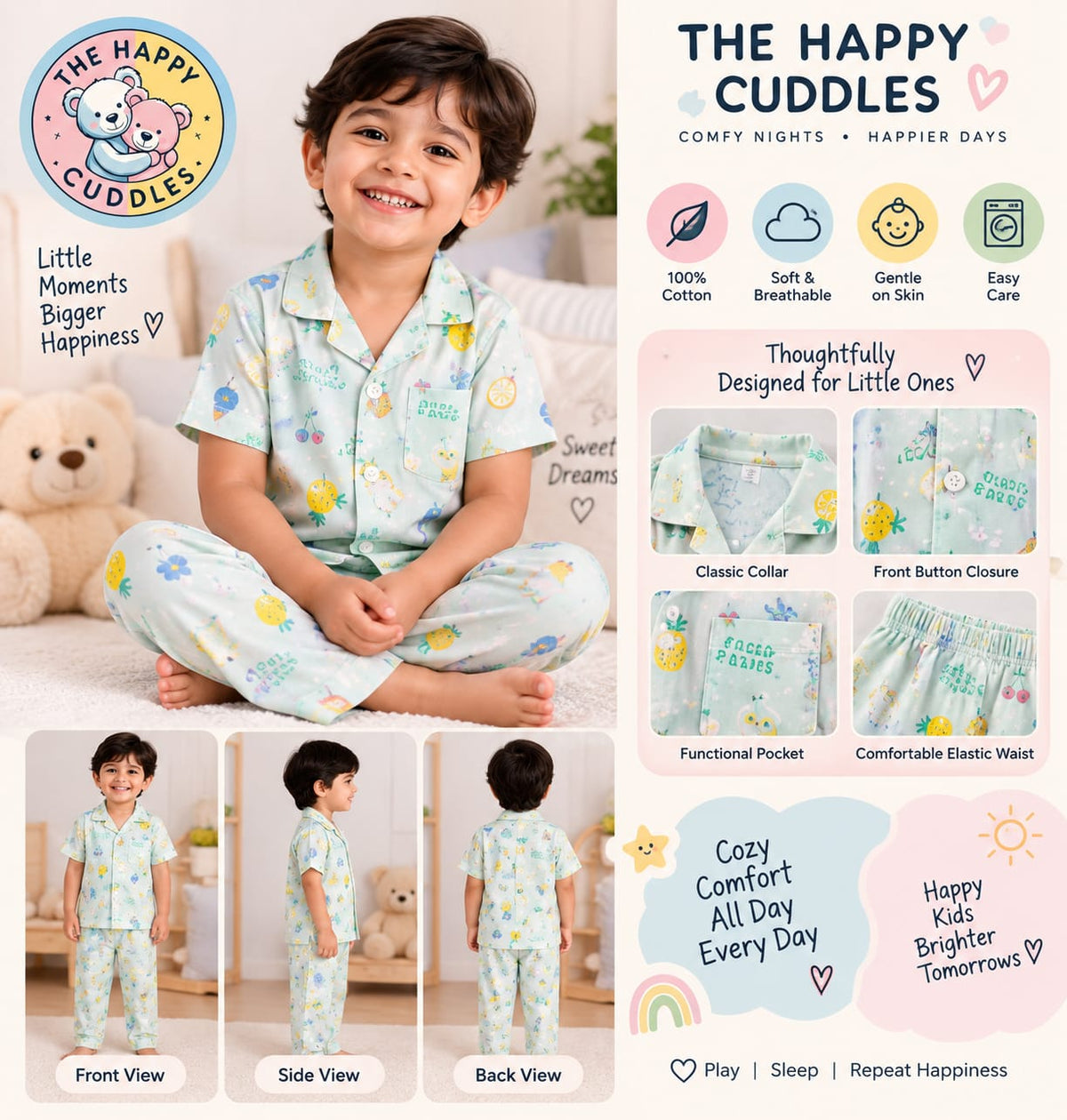 Green kids cotton shirt and bottom set