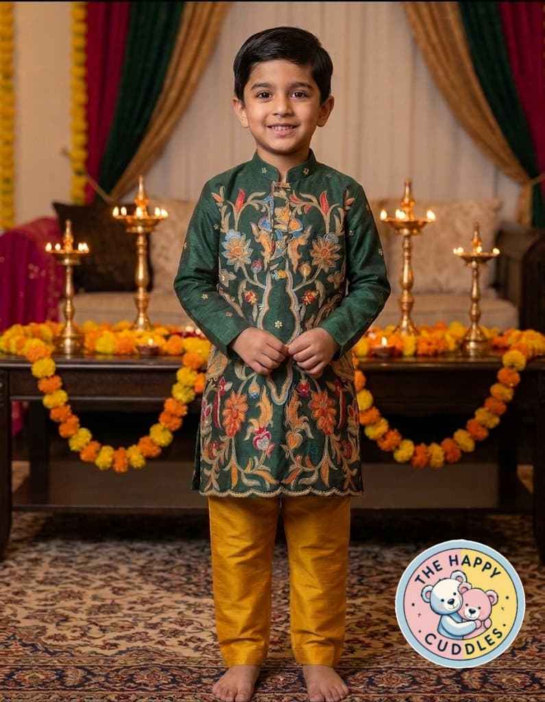Boys' Designer Emerald & Mustard Floral Kurta Set