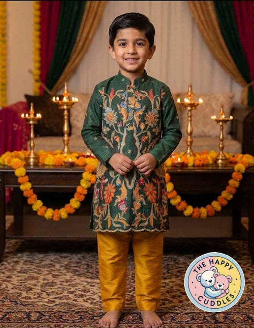 Boys' Designer Emerald & Mustard Floral Kurta Set