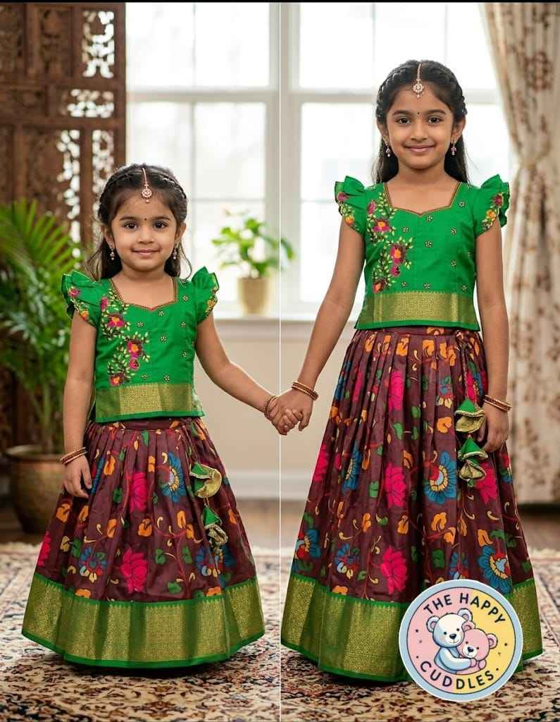 Girls Earthy Floral & Green Ruffled Lehenga Set
