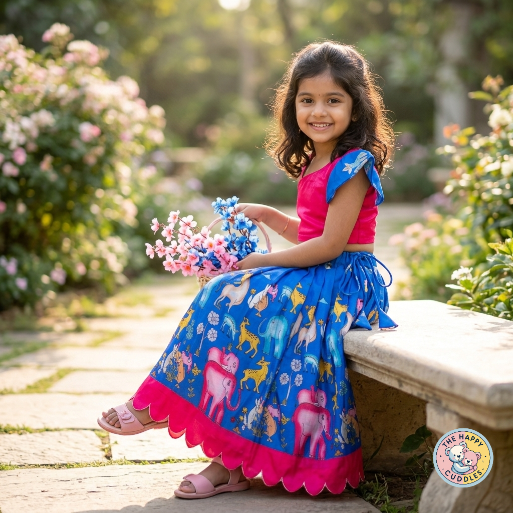 Girls Pink Sapphire, Blue Animal Print Lehenga