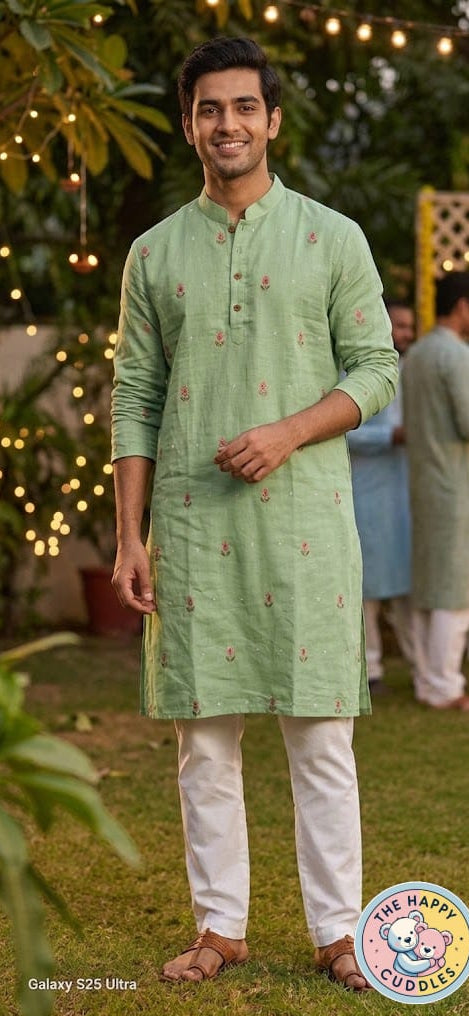 Sage Green Floral Embroidered Linen Cotton Kurta Set