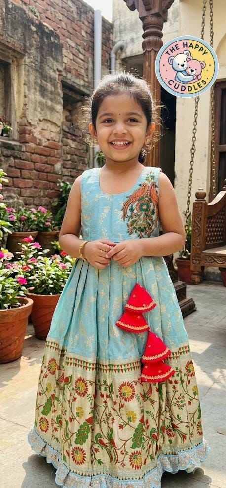 Girls Light Blue & Crimson Red 2-in-1 Pattu Lehenga Set