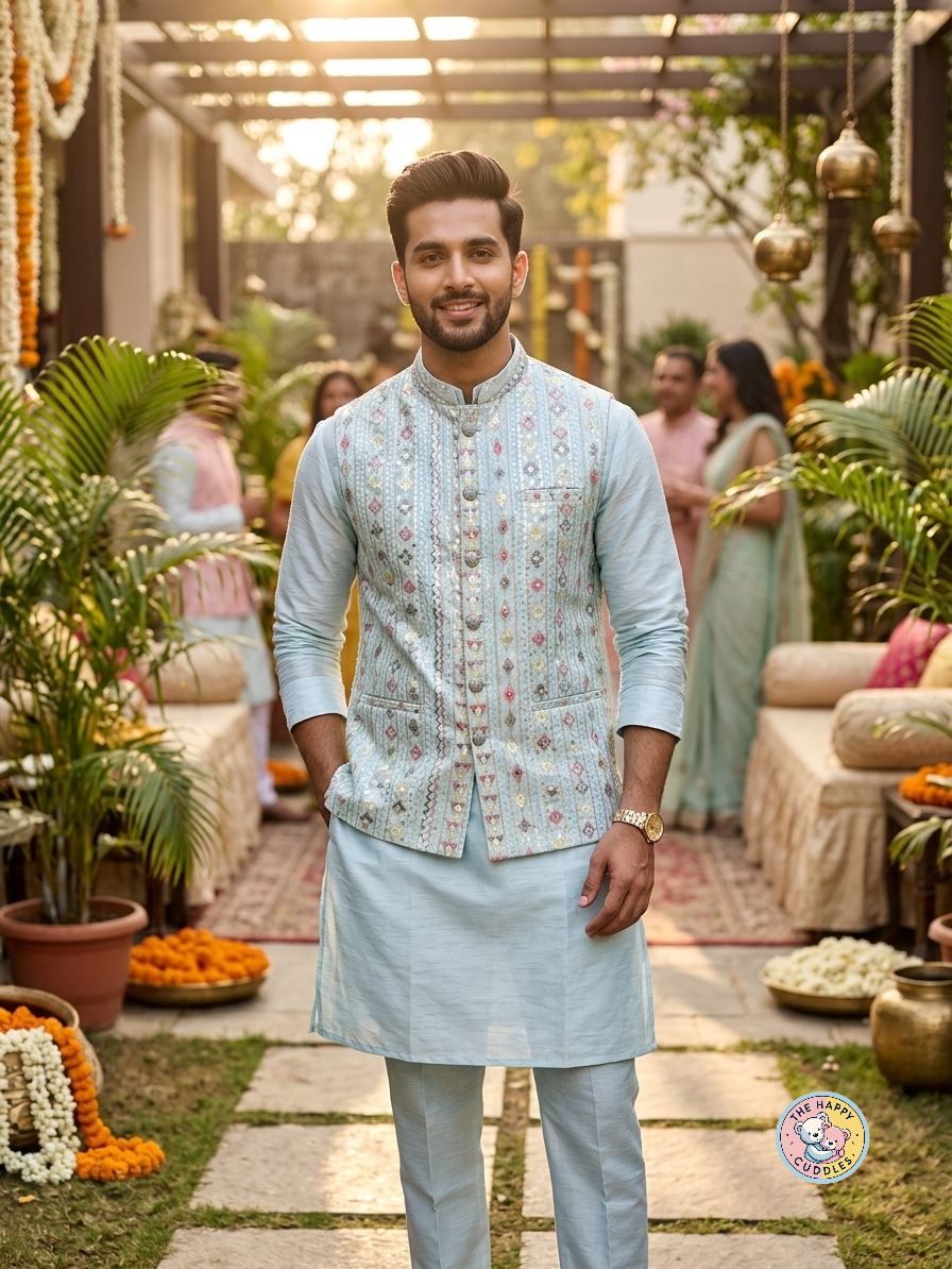 Men's Royal Pastel Blue Floral Kurta Set