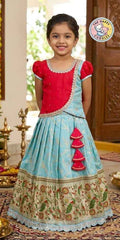 Girls Light Blue & Crimson Red 2-in-1 Pattu Lehenga Set