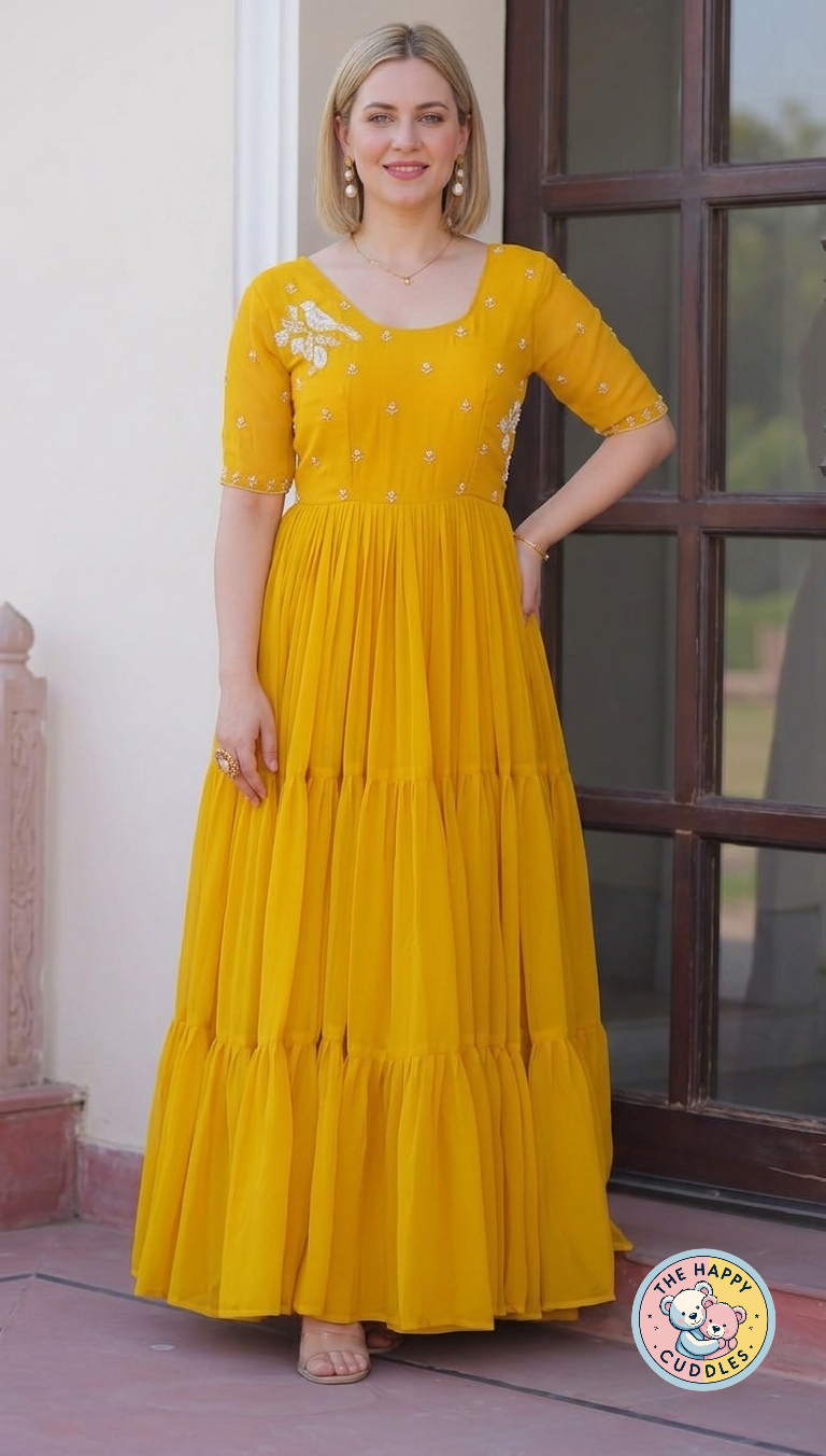 Bright Yellow Tiered Embroidered Traditional Dress