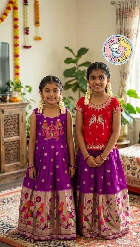 Girls Premium 2-in-1 Royal Purple,Floral Heritage Pattu Lehenga Set