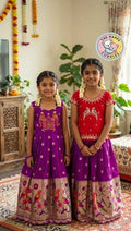 Girls Premium 2-in-1 Royal Purple,Floral Heritage Pattu Lehenga Set